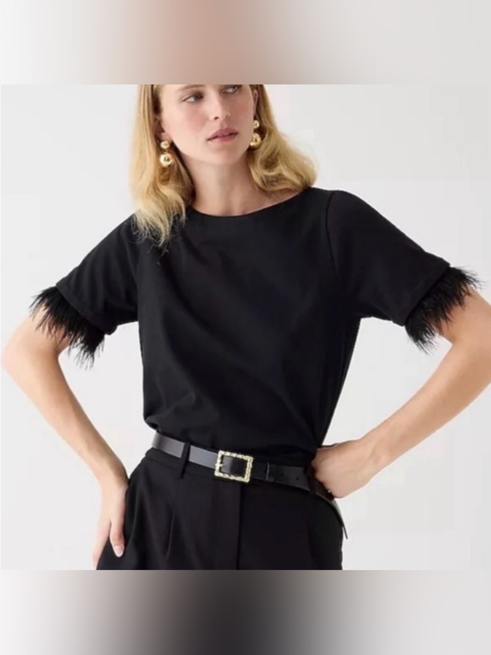 J. Crew Black Short Sleeve Top with Feather-Trim Sleeves XS